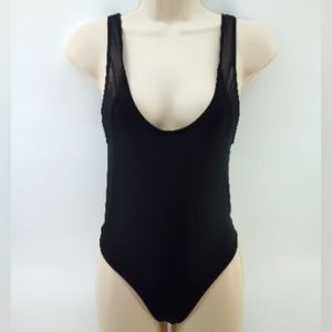 NWT MGS Mary Grace Swim One Piece Black Sheer Panels Thong Open Back XS